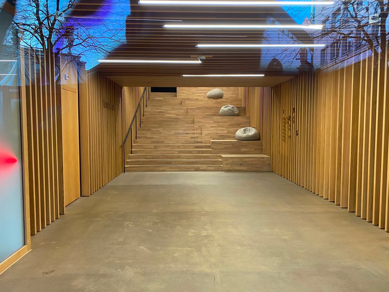 Treppe mit grosszügigen Sitzstufen in einem Holzgang