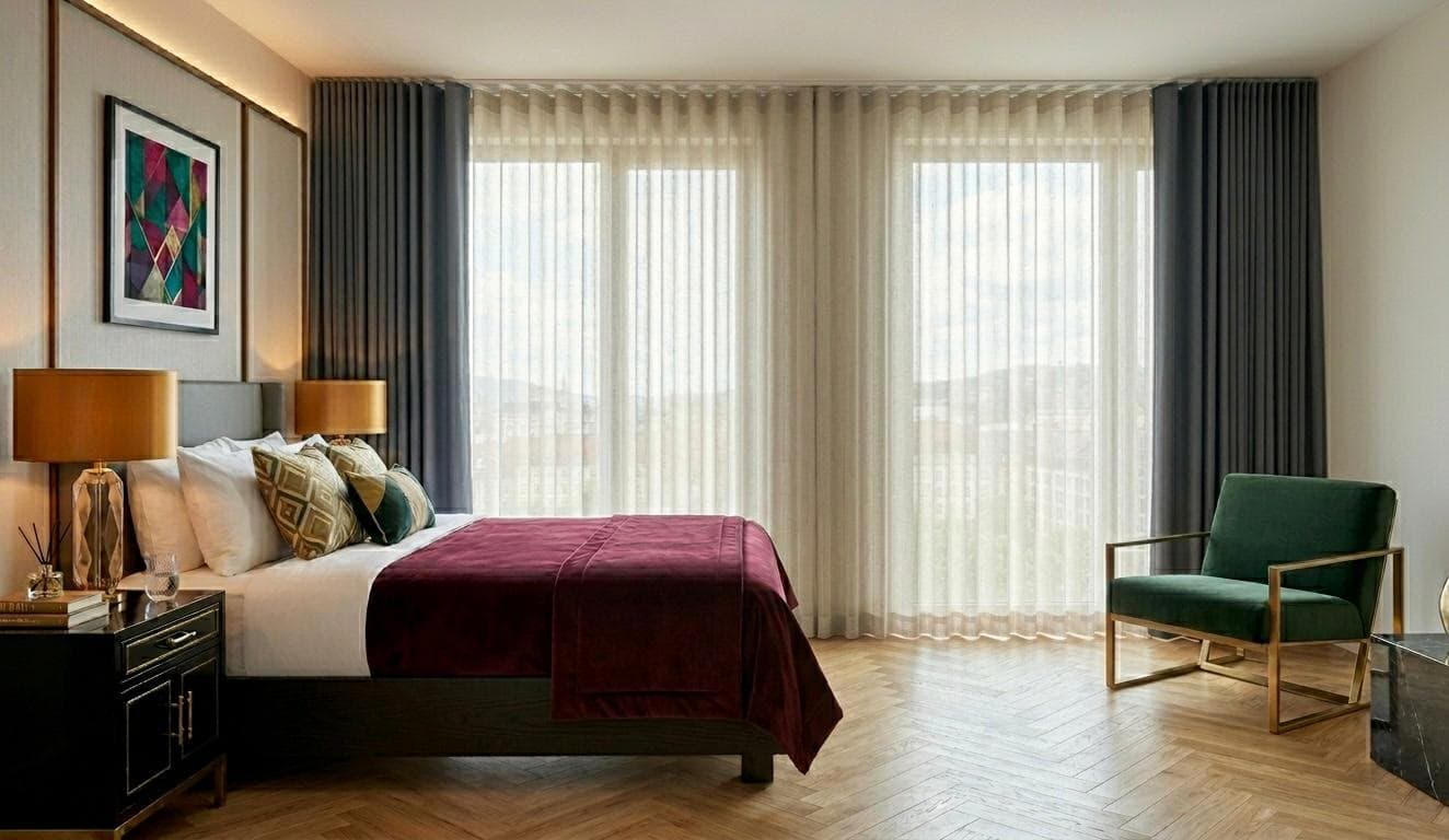 Schlafzimmer mit lichtdurchlässigem Vorhang und dunklem Seitenvorhang vor Stadtpanorama